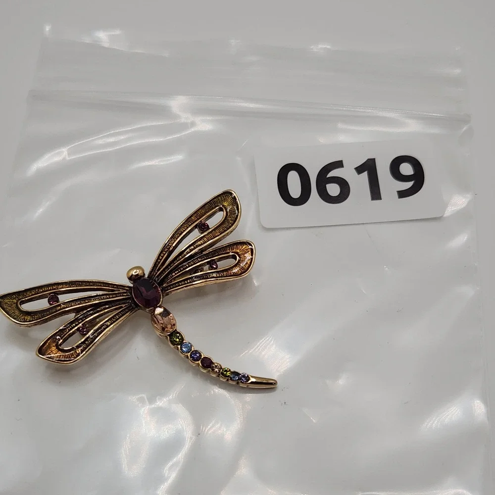 Monet Vintage Crystal Enamel Dragonfly Brooch Pin Signed Cottagecore Collectible